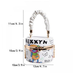 Metal Chain Crossbody Bucket Bag PU Leather Top Handle Cartoon Shoulder Bag