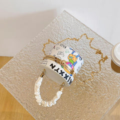 Metal Chain Crossbody Bucket Bag PU Leather Top Handle Cartoon Shoulder Bag