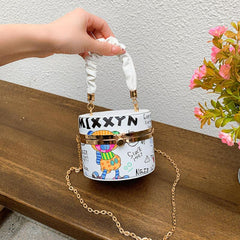 Metal Chain Crossbody Bucket Bag PU Leather Top Handle Cartoon Shoulder Bag