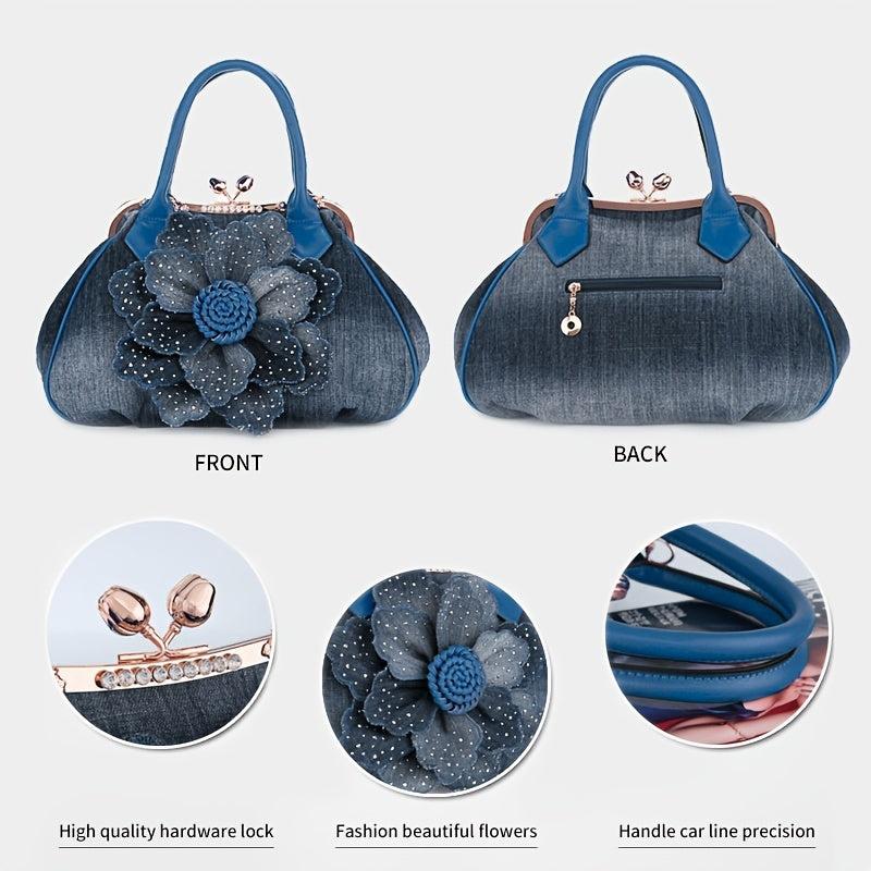 Denim 3D Floral Handbag Women's Casual Shoulder Bag Double Handle Bag