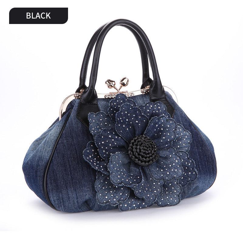 Denim 3D Floral Handbag Women's Casual Shoulder Bag Double Handle Bag