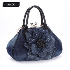 Denim 3D Floral Handbag Women's Casual Shoulder Bag Double Handle Bag