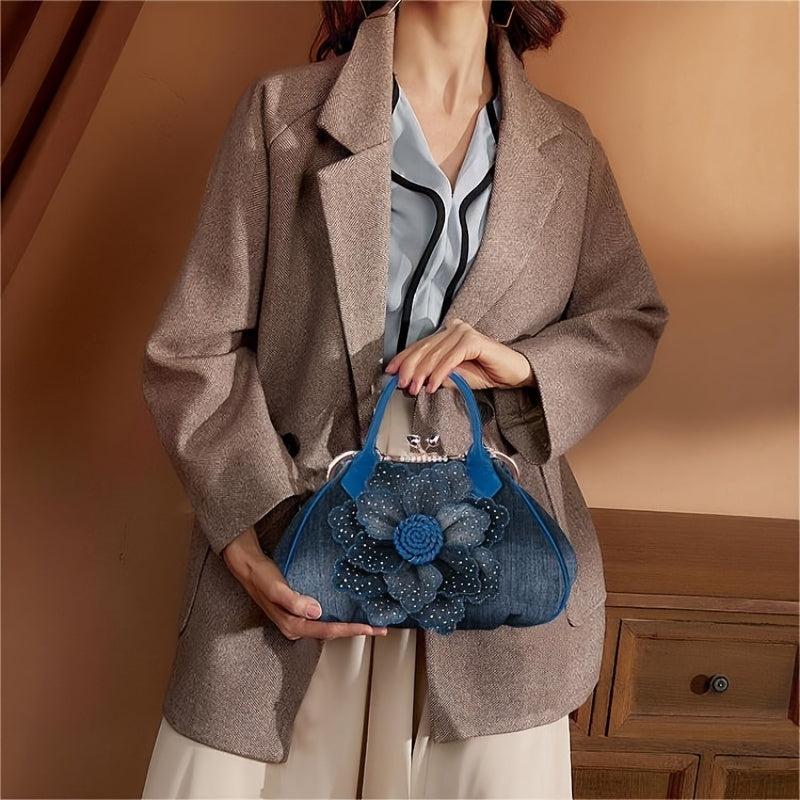 Denim 3D Floral Handbag Women's Casual Shoulder Bag Double Handle Bag