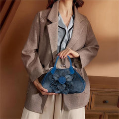 Denim 3D Floral Handbag Women's Casual Shoulder Bag Double Handle Bag