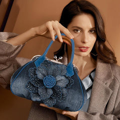 Denim 3D Floral Handbag Women's Casual Shoulder Bag Double Handle Bag
