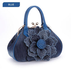 Denim 3D Floral Handbag Women's Casual Shoulder Bag Double Handle Bag