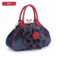 Denim 3D Floral Handbag Women's Casual Shoulder Bag Double Handle Bag