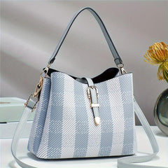 Plaid Pattern Bucket Crossbody Bag Faux Leather Eyelet Buckle Purse Gift