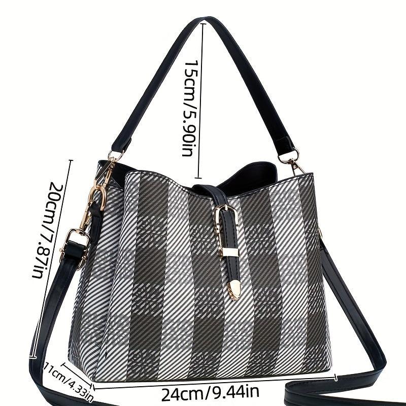 Plaid Pattern Bucket Crossbody Bag Faux Leather Eyelet Buckle Purse Gift