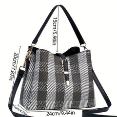 Plaid Pattern Bucket Crossbody Bag Faux Leather Eyelet Buckle Purse Gift