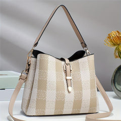 Plaid Pattern Bucket Crossbody Bag Faux Leather Eyelet Buckle Purse Gift