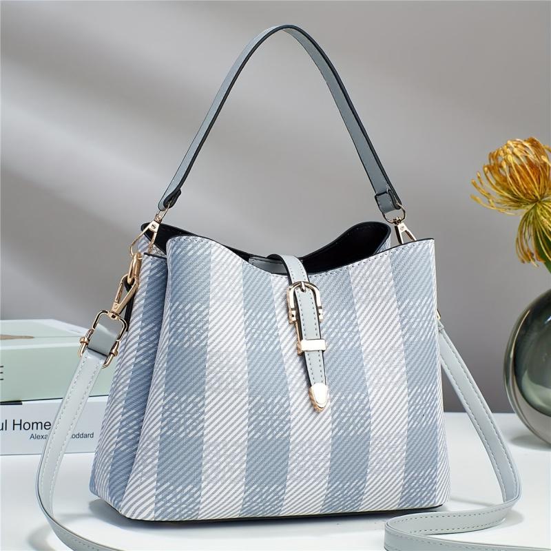 Plaid Pattern Bucket Crossbody Bag Faux Leather Eyelet Buckle Purse Gift