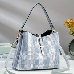 Plaid Pattern Bucket Crossbody Bag Faux Leather Eyelet Buckle Purse Gift