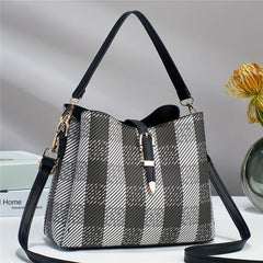 Plaid Pattern Bucket Crossbody Bag Faux Leather Eyelet Buckle Purse Gift