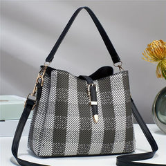 Plaid Pattern Bucket Crossbody Bag Faux Leather Eyelet Buckle Purse Gift