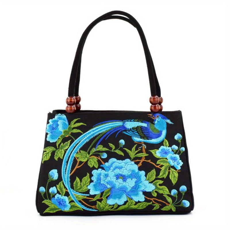 Flower Embroidered Tote Bag Vintage Ethnic Style Handbag Retro Canvas Boho Purse