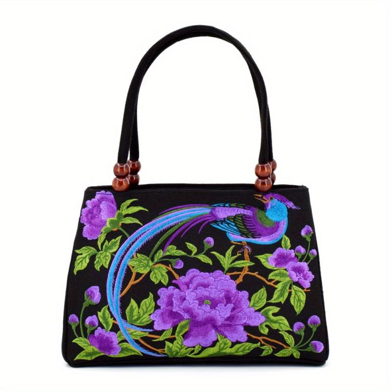 Flower Embroidered Tote Bag Vintage Ethnic Style Handbag Retro Canvas Boho Purse