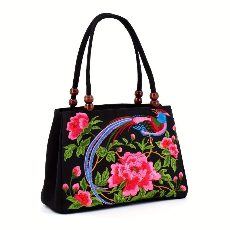 Flower Embroidered Tote Bag Vintage Ethnic Style Handbag Retro Canvas Boho Purse