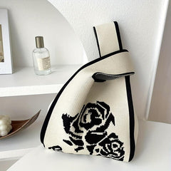 Flower Pattern Knitted Handbag Storage Satchel Bag