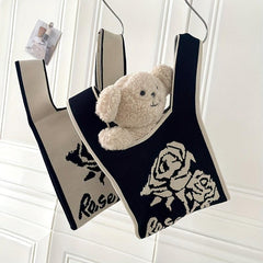 Flower Pattern Knitted Handbag Storage Satchel Bag