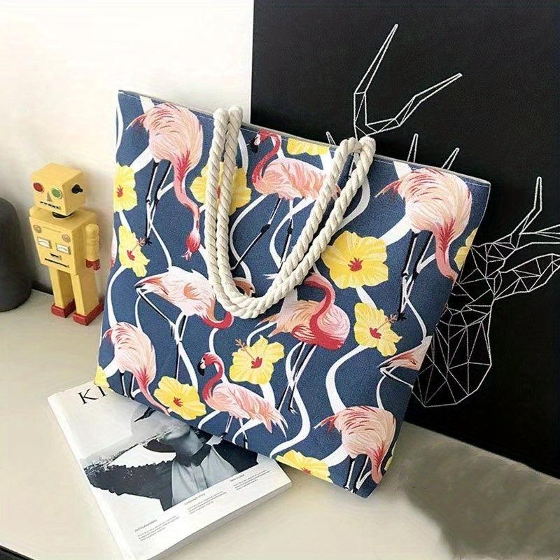Flamingo Print Summer Tote Bag Large Capacity Beach Shoulder Bag