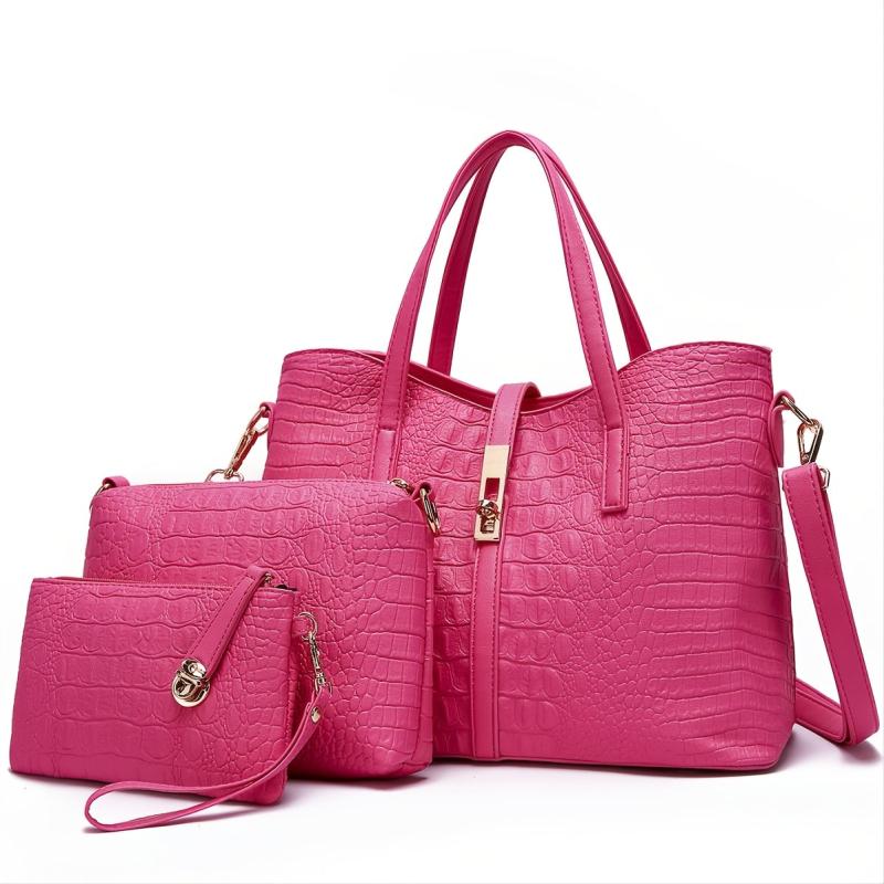 Faux Crocodile Embossed Handbag Large Capacity Tote Bag Set