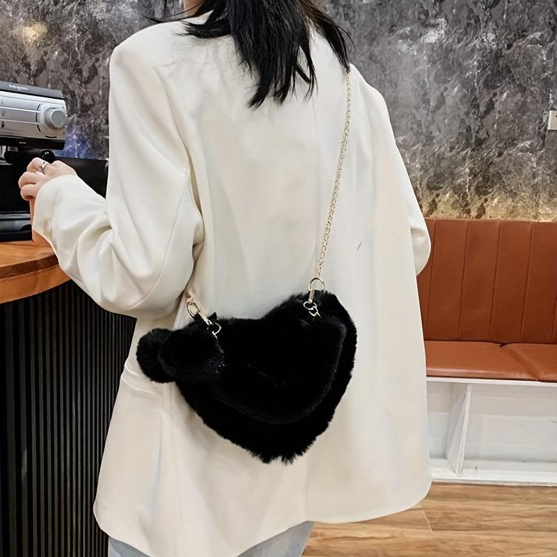 Heart Shaped Plush Chain Crossbody Bag Furry Clutch for Girls Women