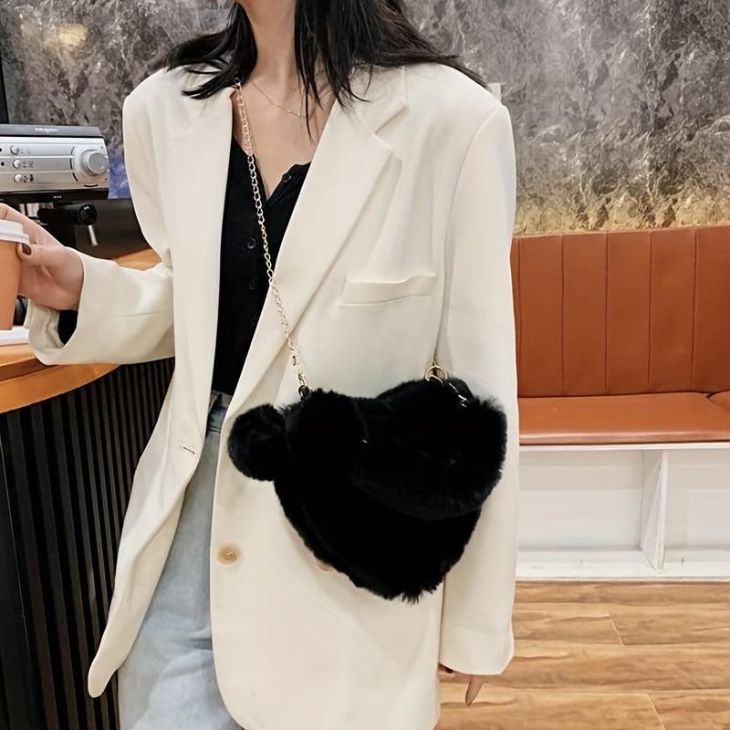 Heart Shaped Plush Chain Crossbody Bag Furry Clutch for Girls Women