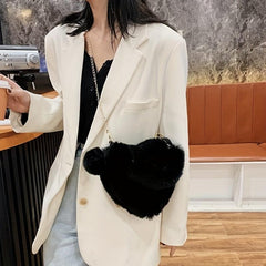 Heart Shaped Plush Chain Crossbody Bag Furry Clutch for Girls Women