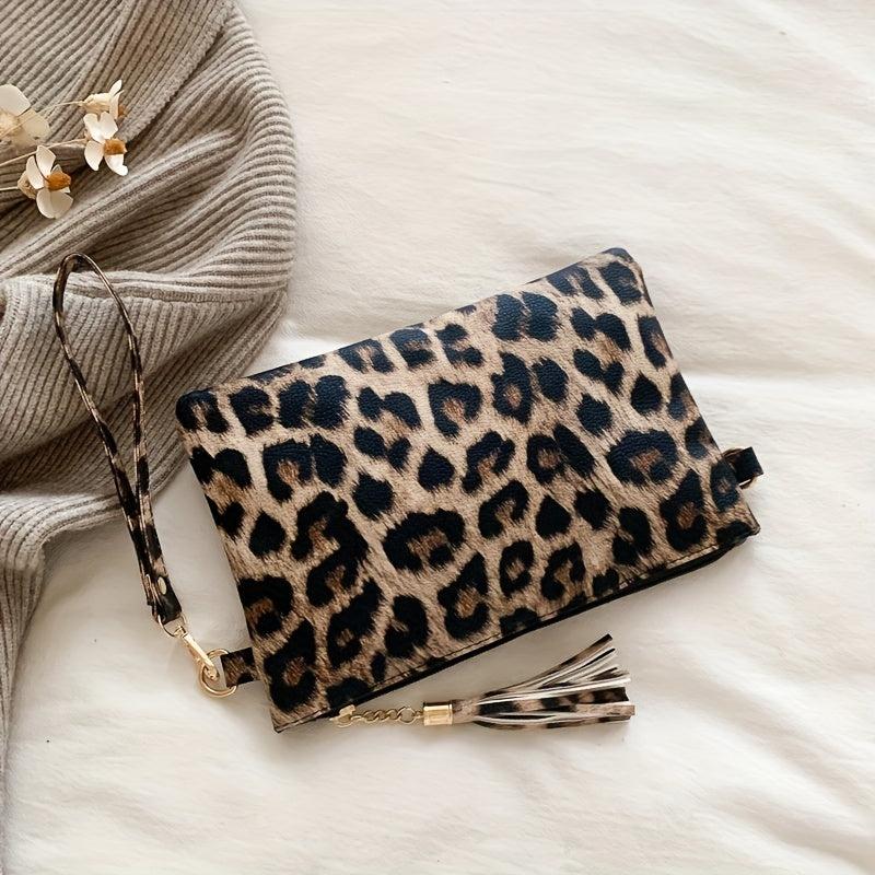 Cow Pattern Clutch Bag Tassel Decor Handbag Women's PU Square