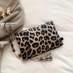 Cow Pattern Clutch Bag Tassel Decor Handbag Women's PU Square