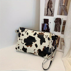 Cow Pattern Clutch Bag Tassel Decor Handbag Women's PU Square