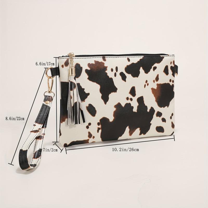 Cow Pattern Clutch Bag Tassel Decor Handbag Women's PU Square
