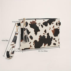 Cow Pattern Clutch Bag Tassel Decor Handbag Women's PU Square
