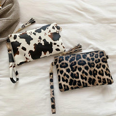 Cow Pattern Clutch Bag Tassel Decor Handbag Women's PU Square