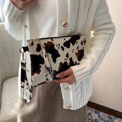 Cow Pattern Clutch Bag Tassel Decor Handbag Women's PU Square