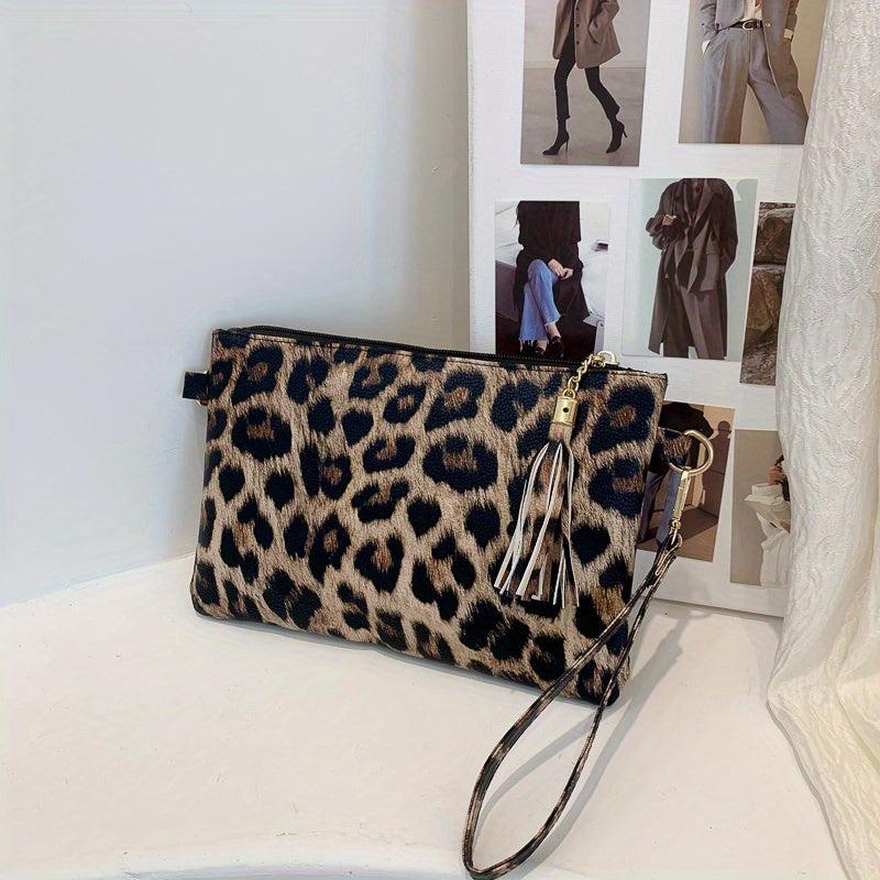 Cow Pattern Clutch Bag Tassel Decor Handbag Women's PU Square