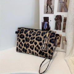 Cow Pattern Clutch Bag Tassel Decor Handbag Women's PU Square