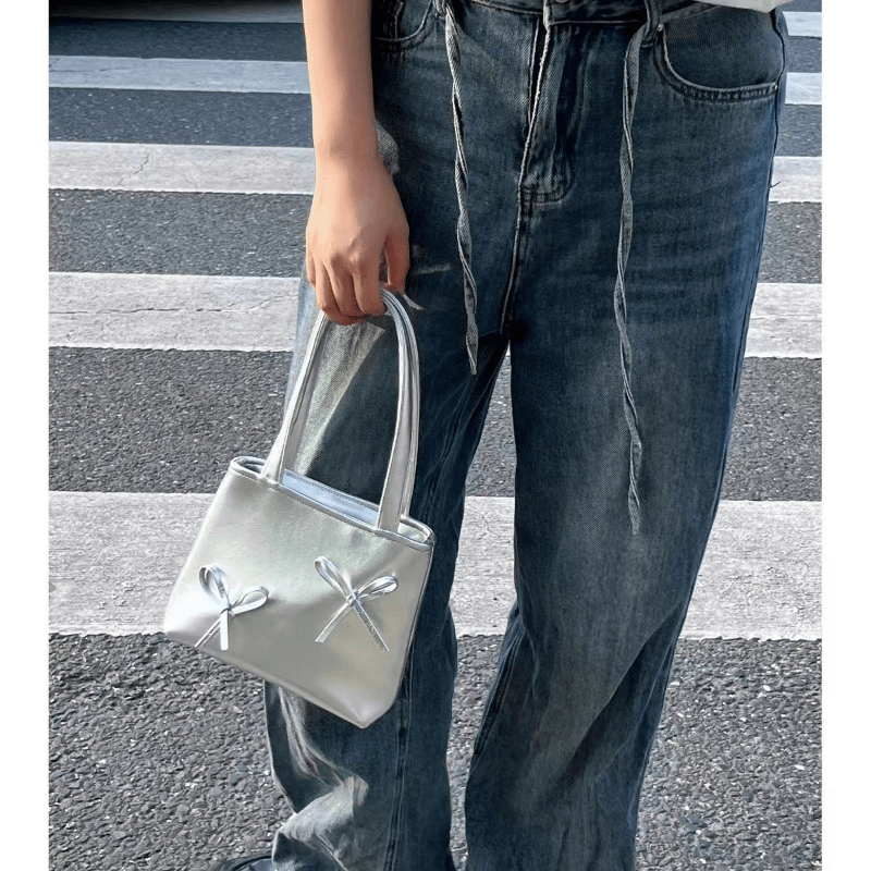 Silver Bowknot Shoulder Bag Y2K Handbag for Shopping