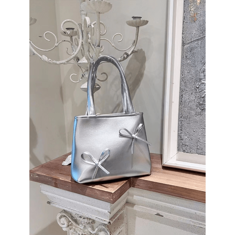 Silver Bowknot Shoulder Bag Y2K Handbag for Shopping
