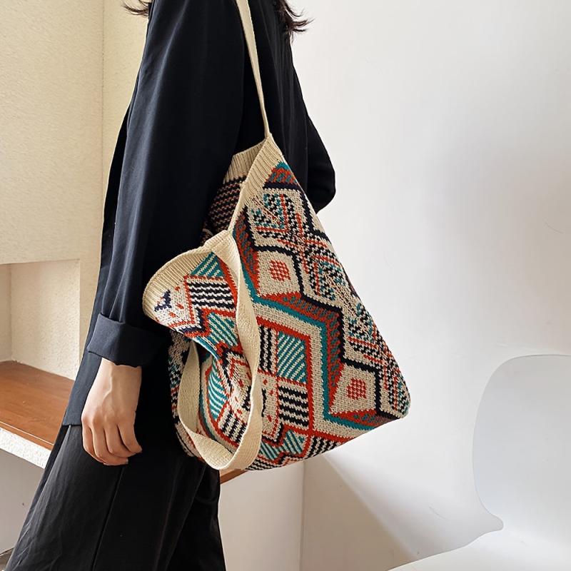 Geometric Graphic Handbag Knitting Tote Bag Foldable Shopper Bag