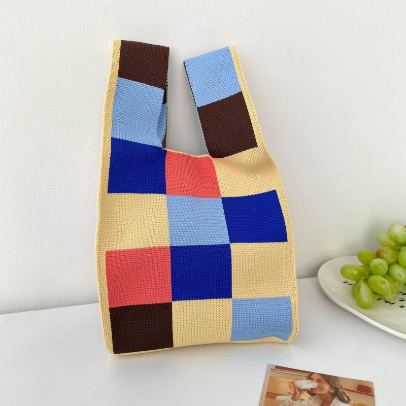 Colorful Plaid Woven Handbag Fabric Crochet Niche Tote Bag