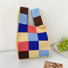 Colorful Plaid Woven Handbag Fabric Crochet Niche Tote Bag