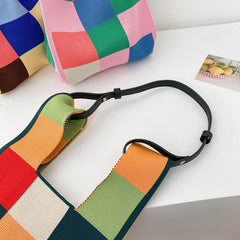 Colorful Plaid Woven Handbag Fabric Crochet Niche Tote Bag