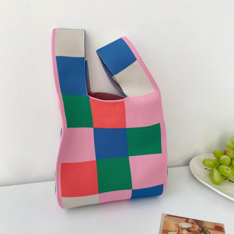 Colorful Plaid Woven Handbag Fabric Crochet Niche Tote Bag