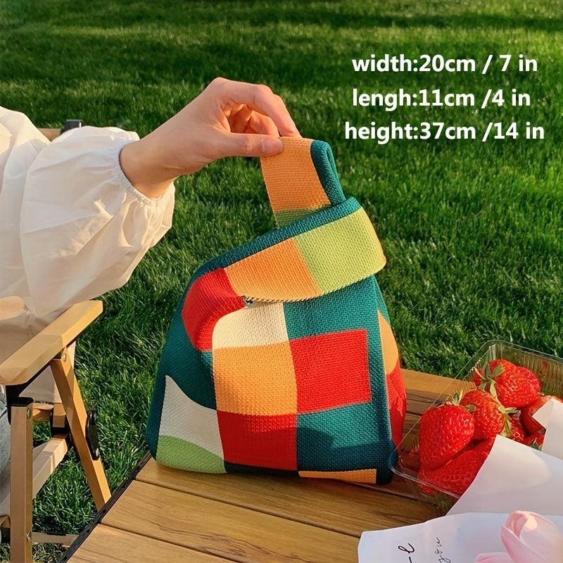 Colorful Plaid Woven Handbag Fabric Crochet Niche Tote Bag