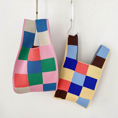 Colorful Plaid Woven Handbag Fabric Crochet Niche Tote Bag