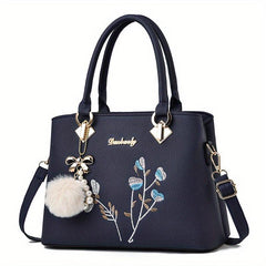 Flower Pattern Pom Pom Pendent Shoulder Bag