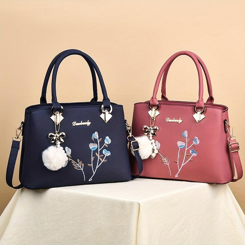 Flower Pattern Pom Pom Pendent Shoulder Bag