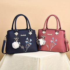 Flower Pattern Pom Pom Pendent Shoulder Bag